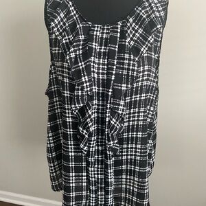 Black and White Plaid Sleeveless Top with Ruffle Trim